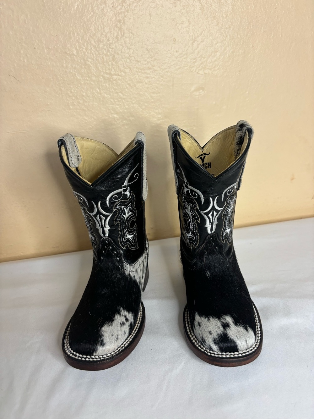 Black & White Kids Cowhide Boots with Embroidery